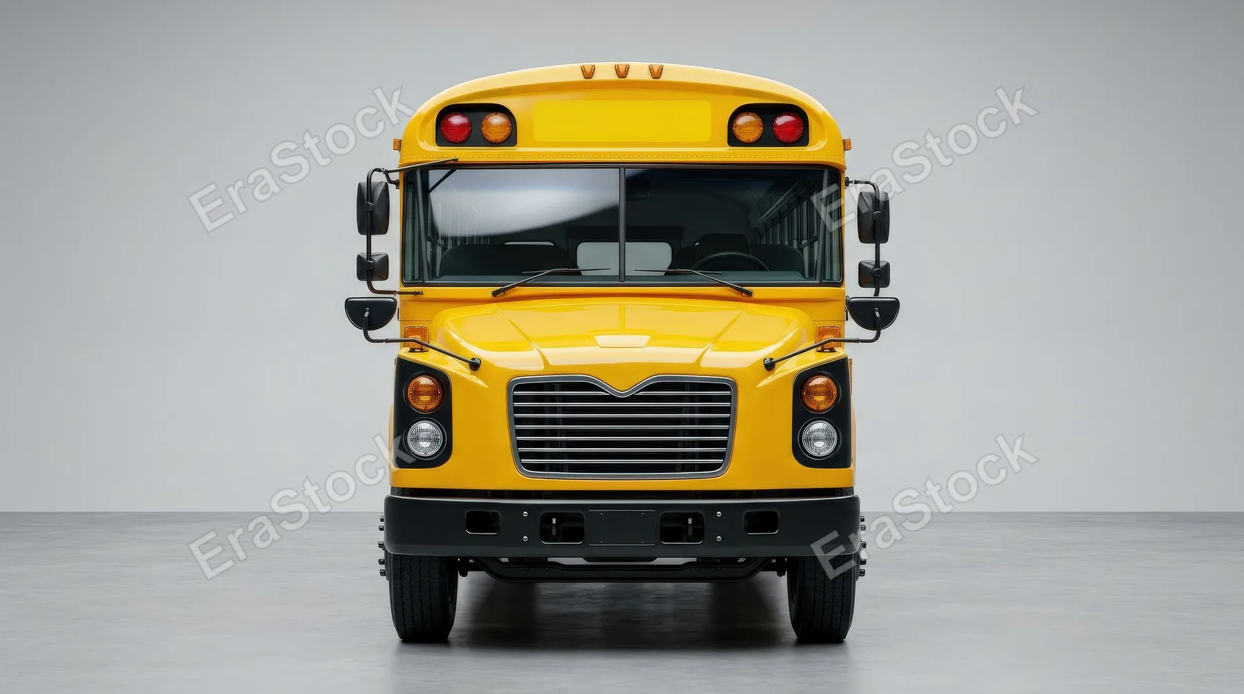 A bright yellow school bus viewed from the front on a clean plain backdrop, smooth painted metal, clear headlights and cheerful studio presentation, ultra-realistic, no logos.