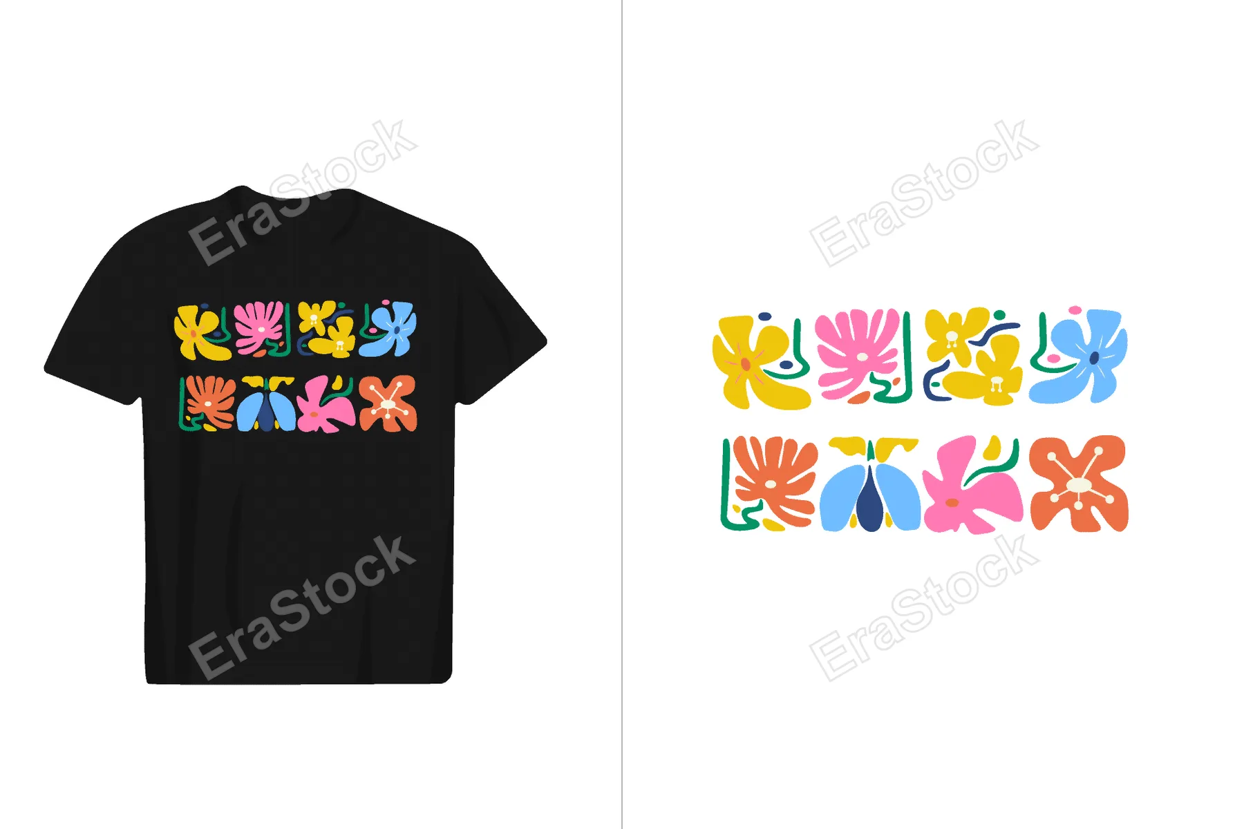 A black t-shirt showcases a vibrant and playful abstract floral pattern in a grid layout