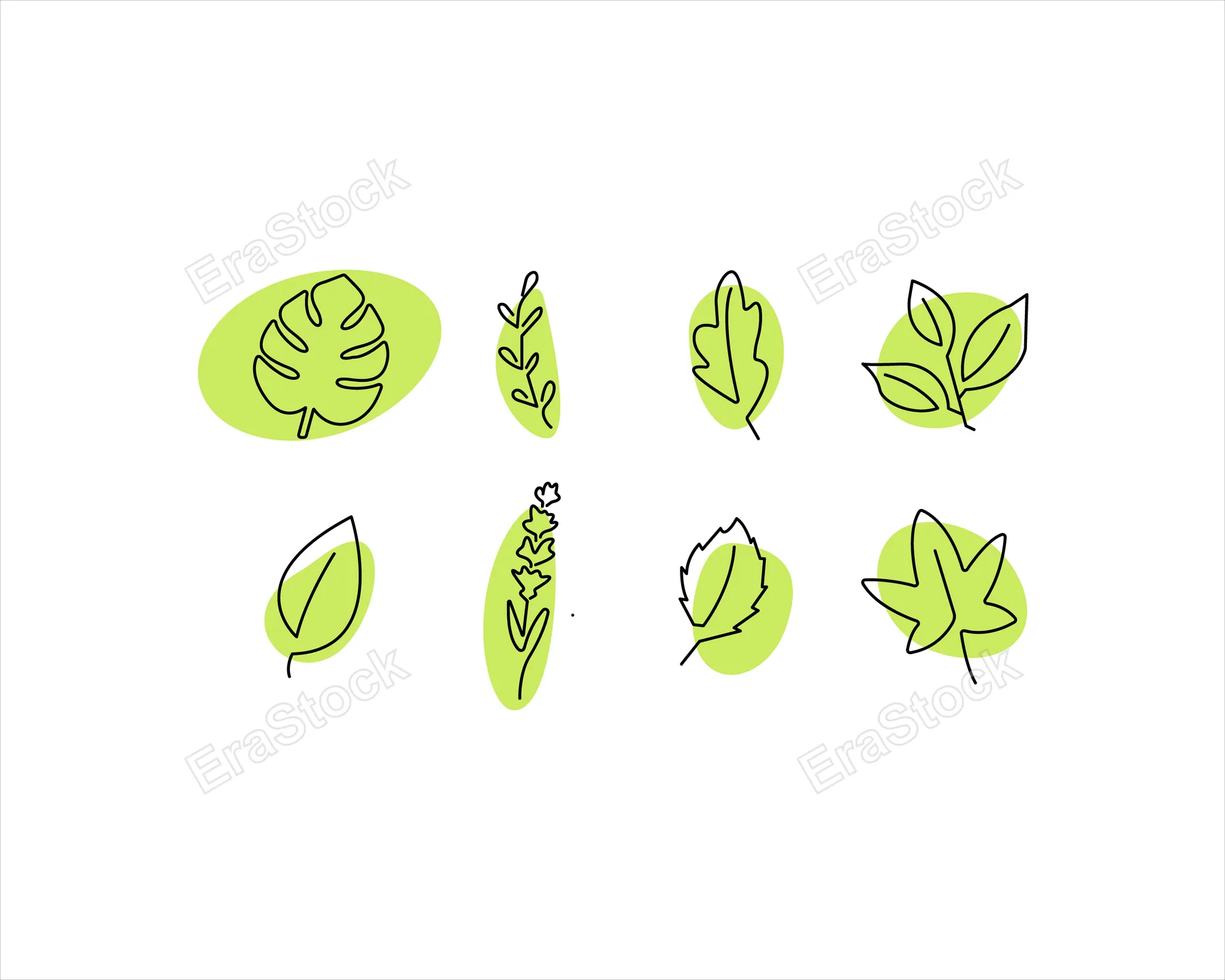 A variety of stylized leaves and floral elements are depicted in minimalist black line art, each set against a soft green oval shape