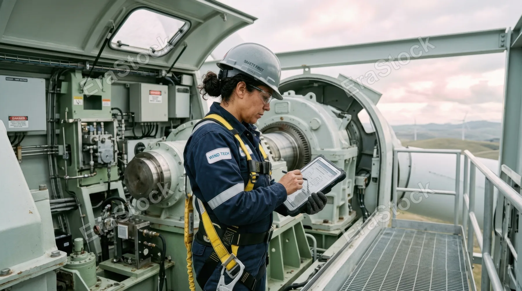 a 45-year-old hispanic female wind turbine technician, equipped with safety harnesses, focuses intently on documenting damage on a tablet. she stands in front of a