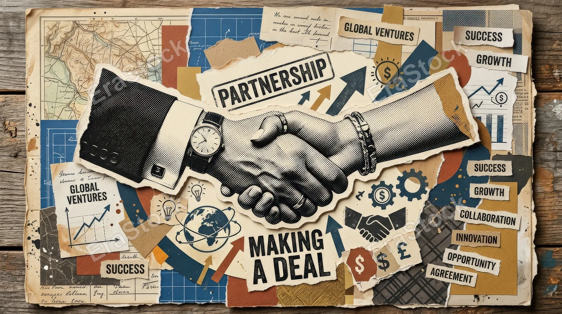 A trendy collage element of halftone hands reaching to shake, cutout paper edges, making-a-deal symbolism and modern retro business partnership mood, ultra-realistic, no logos.