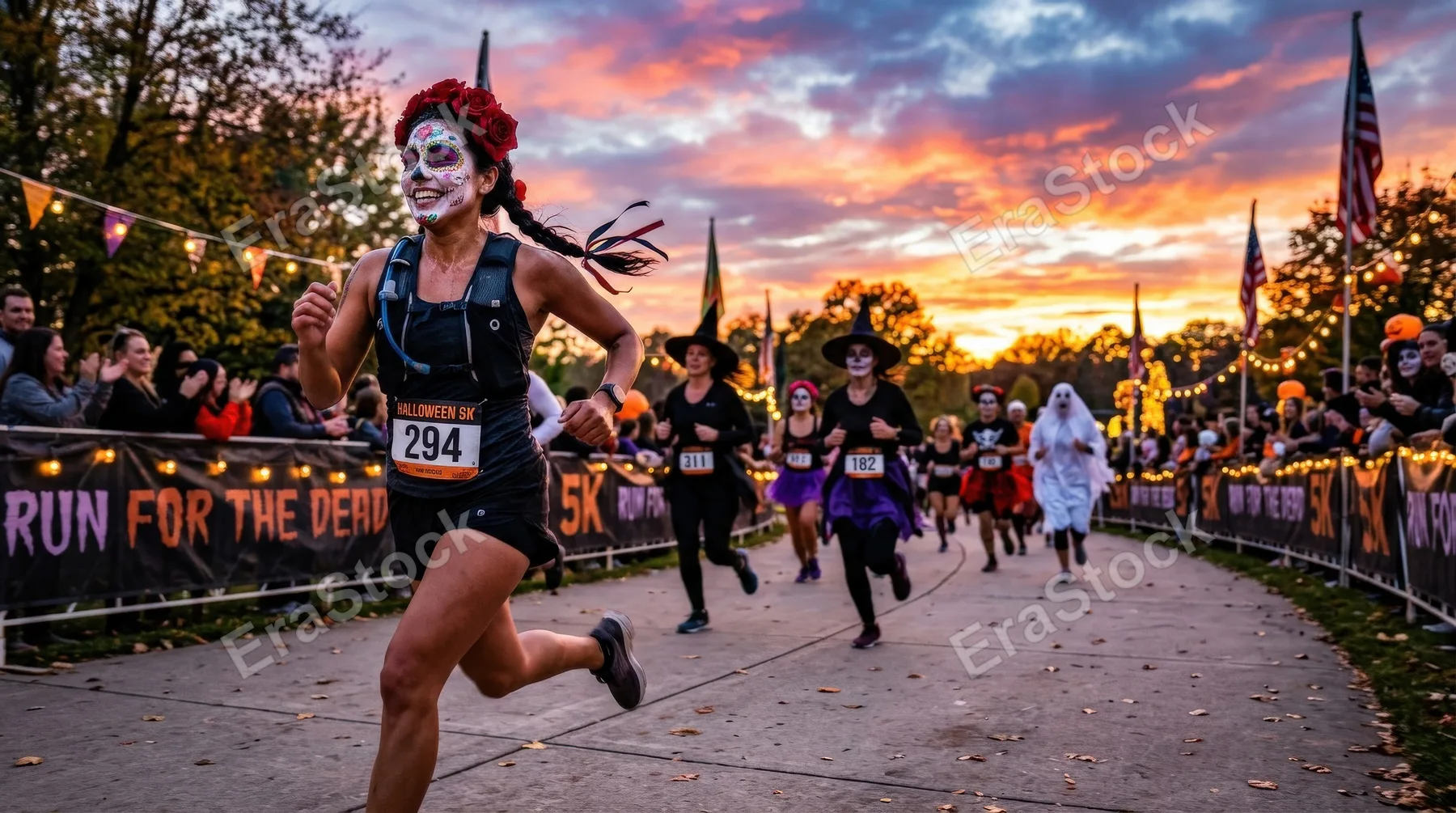 A Hispanic woman with sugar skull makeup running in a Halloween-themed marathon at sunset, other participants behind her, dramatic sky, energetic festive motion, ultra-realistic, no logos.