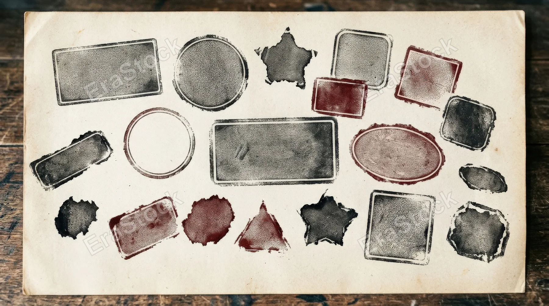 A collection of blank grungy rubber stamp shapes with worn edges and vintage postage texture, distressed print atmosphere, ultra-realistic, no logos.