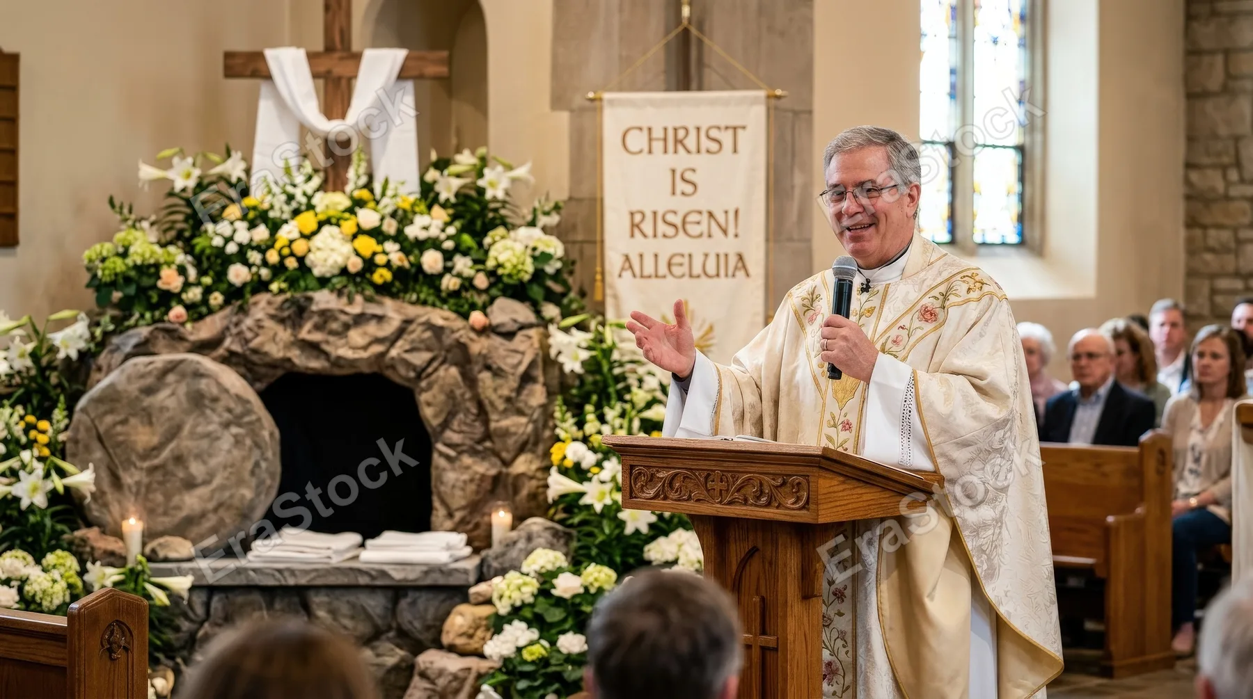 A Caucasian priest speaking into a microphone during Easter service, empty tomb decoration nearby, floral accents and a hopeful sermon atmosphere, ultra-realistic, no logos.