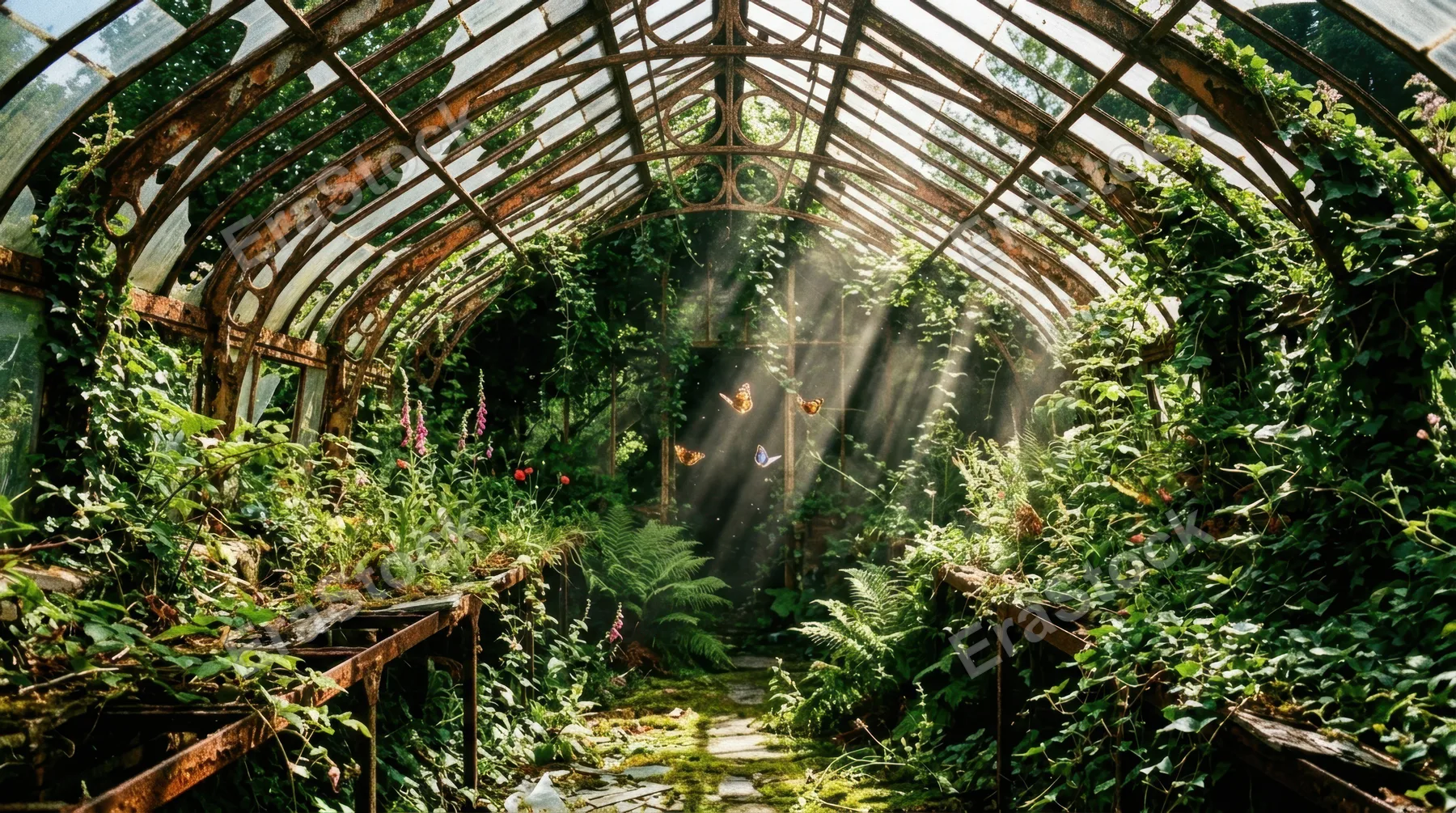 An abandoned greenhouse overtaken by wild plant life, metal frame arching overhead with glass panels missing in irregular patterns, shafts of noon light falling in