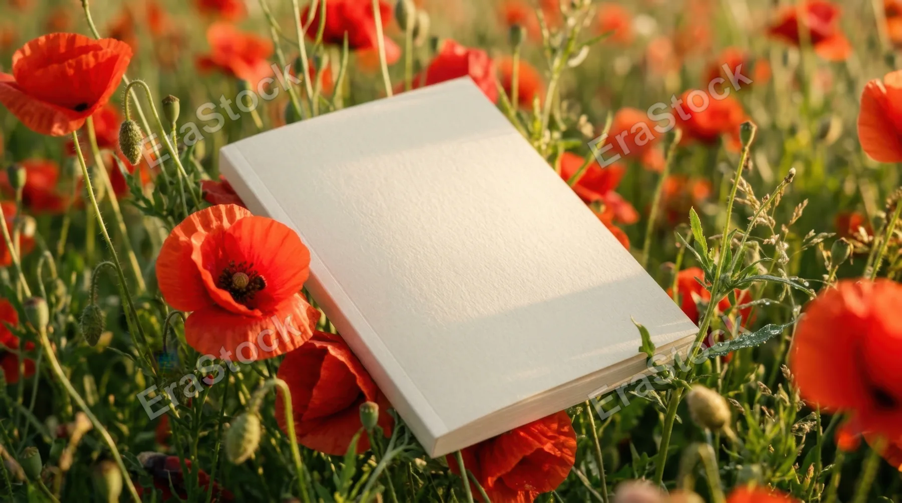 a close-up of a blank paperback book cover resting among bright red poppies, the soft sunlight illuminating its surface with a gentle highlight. the floral textures and