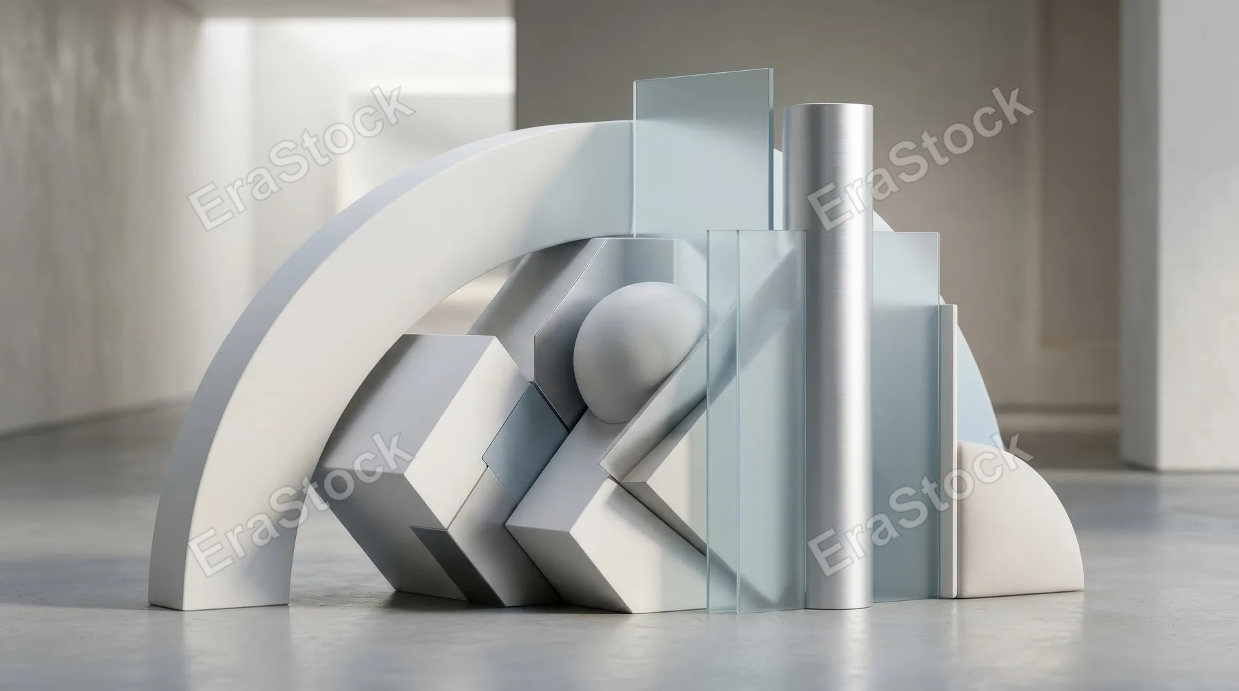 A modern abstract composition of sleek geometric forms, soft shadows and sculptural depth, calm futuristic atmosphere with refined visual balance, ultra-realistic, no logos.