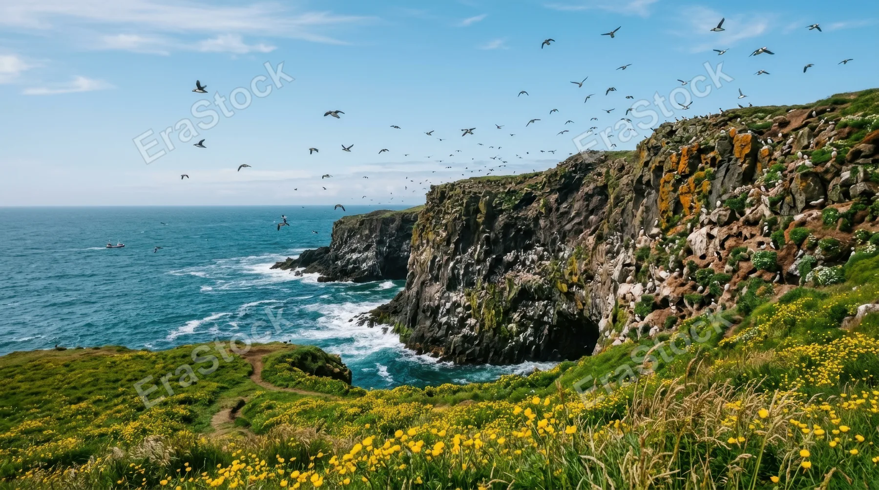 a wide view capturing puffins gracefully soaring above rugged coastal cliffs, showcasing the vibrant textures of the rocky formations adorned with colorful nesting sites