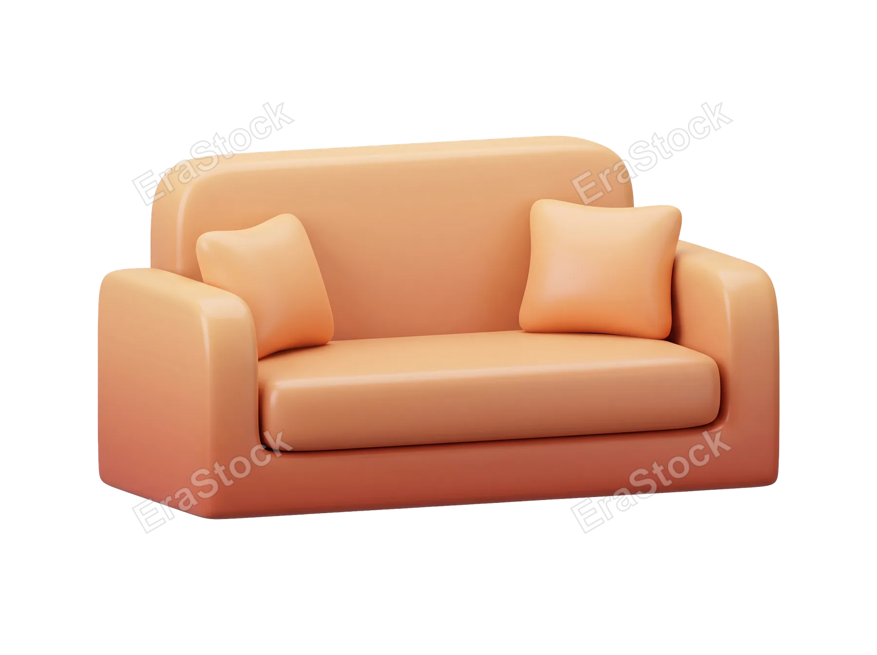 A minimalist 3D render of a soft peach-colored sofa featuring two square throw pillows, ideal for modern interior design concepts