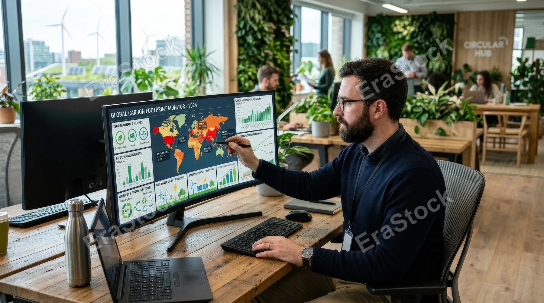 A sustainability manager monitoring global carbon footprint with ESG icons and green industry visuals on a digital dashboard, circular economy atmosphere, ultra-realistic, no logos.