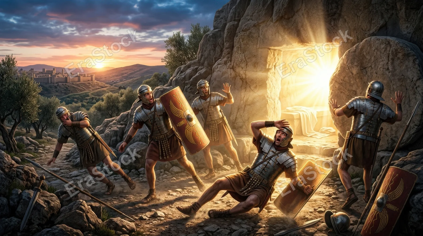 Roman soldiers recoiling in shock before Christ’s empty tomb, radiant holy light flooding from the opened cave, armor catching the glow, Easter morning sky and sacred astonishment, ultra-realistic, no
