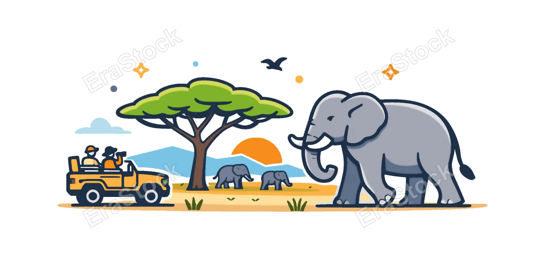 Wildlife travel adventure exploring the African savanna where visitors observe majestic elephants moving across open grasslands during a guided safari experience, a large elephant