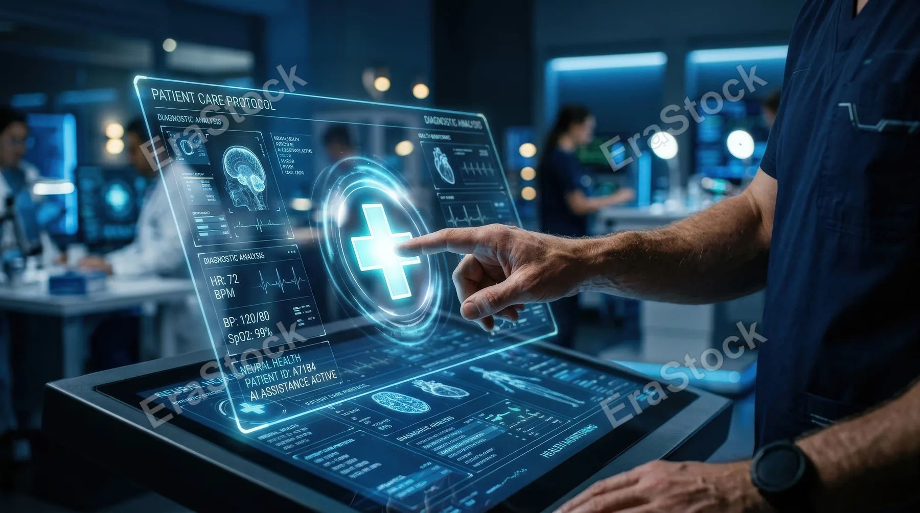 A digital healthcare scene with an AI human hand touching a glowing medical cross on a virtual interface, futuristic patient-care atmosphere, ultra-realistic, no logos.