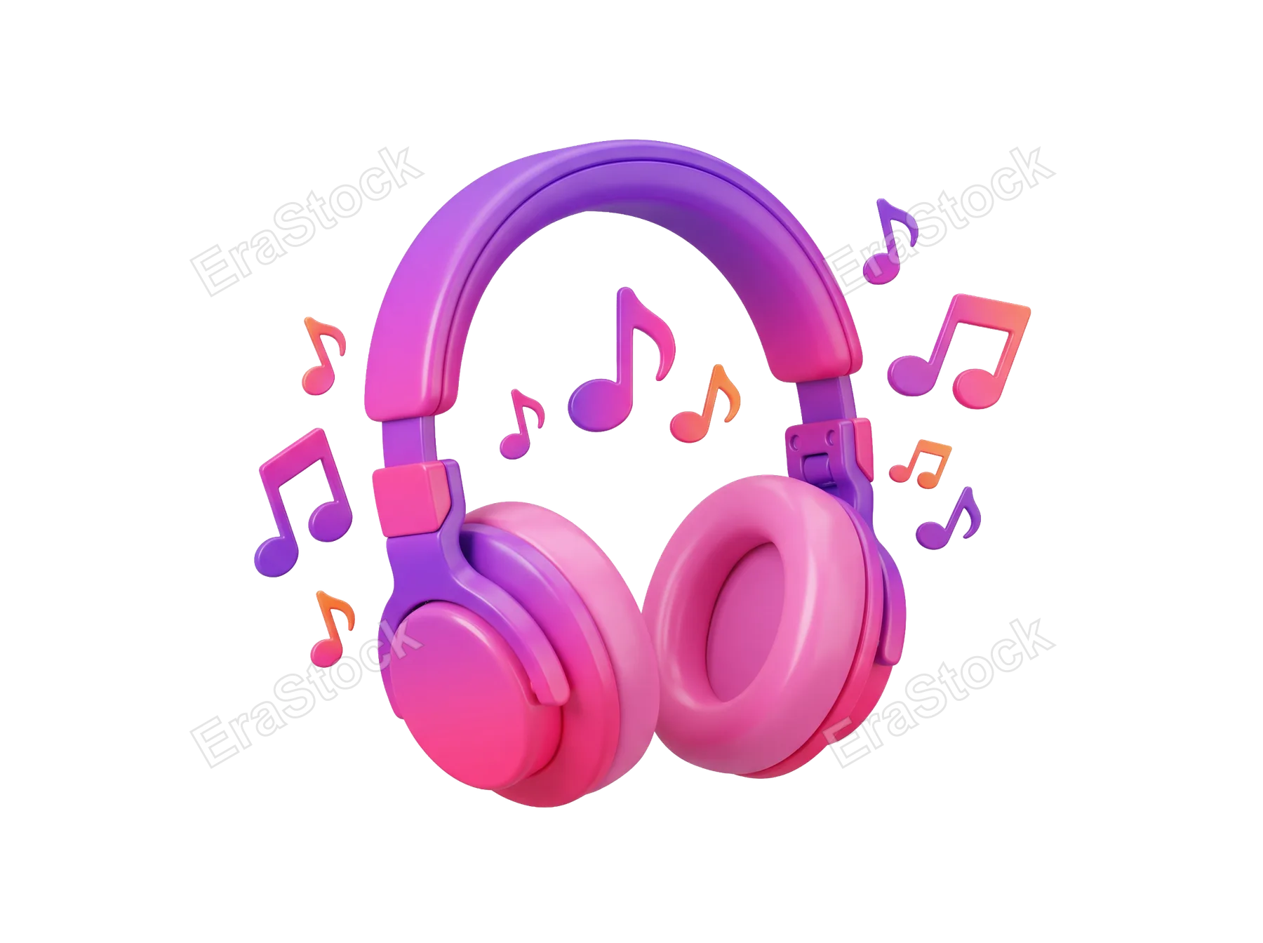 A 3D render of modern headphones in pink and purple hues, surrounded by animated musical notes signifying sound and rhythm