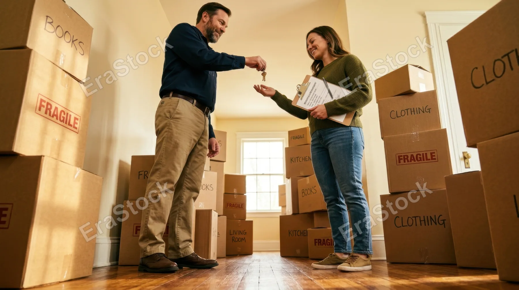 a dynamic low angle shot capturing the mover engaged in handing over the keys, the clipboard prominently displaying rental information, with stacks of boxes in the