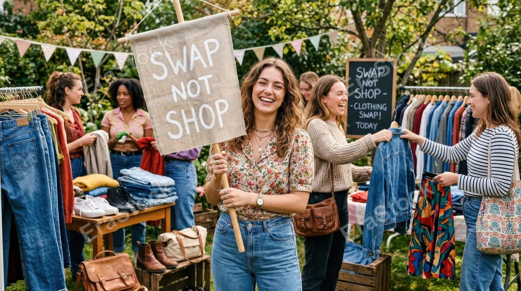 Young woman holding a banner reading swap not shop while clothes, shoes, bags and jeans are exchanged between friends, vintage finds, zero waste shopping vibe, cheerful sustainable lifestyle