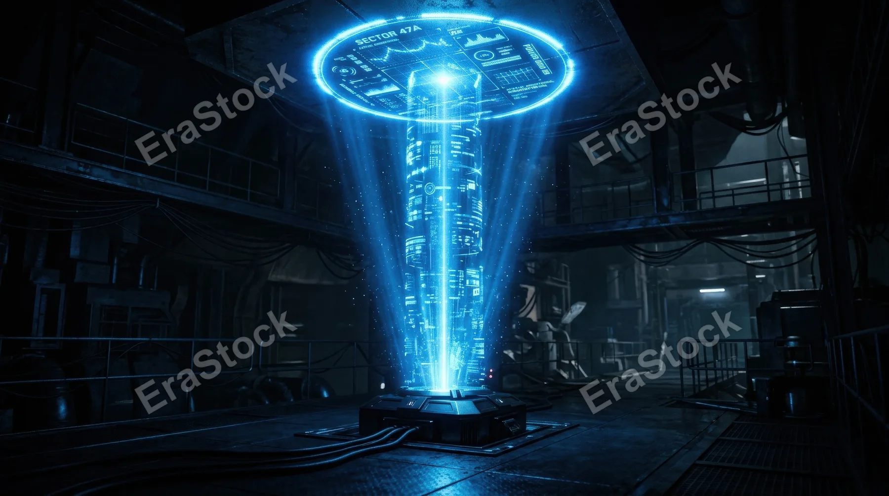 A blue HUD spotlight beam rising like a projection, futuristic glow and clean sci-fi illumination in darkness, ultra-realistic, no logos.