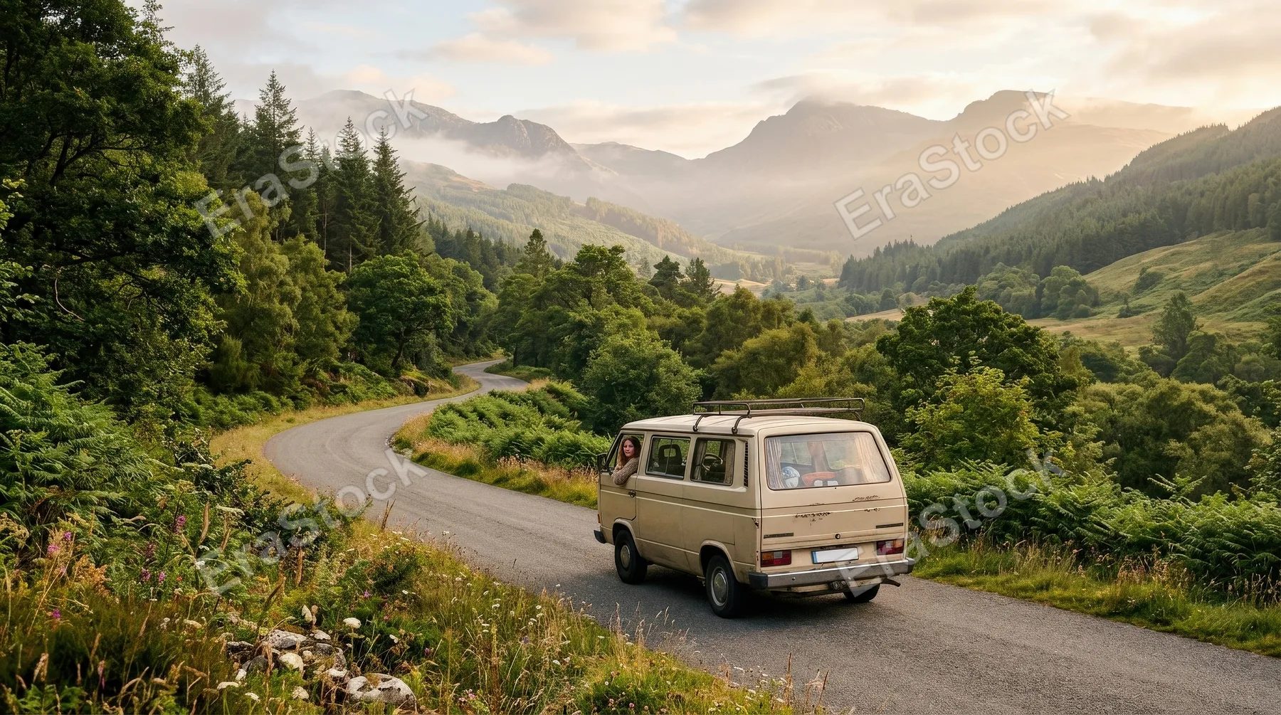 A dreamy travel scene blending open road and lush natural surroundings, free-spirited movement and calm wanderlust atmosphere, ultra-realistic, no logos.