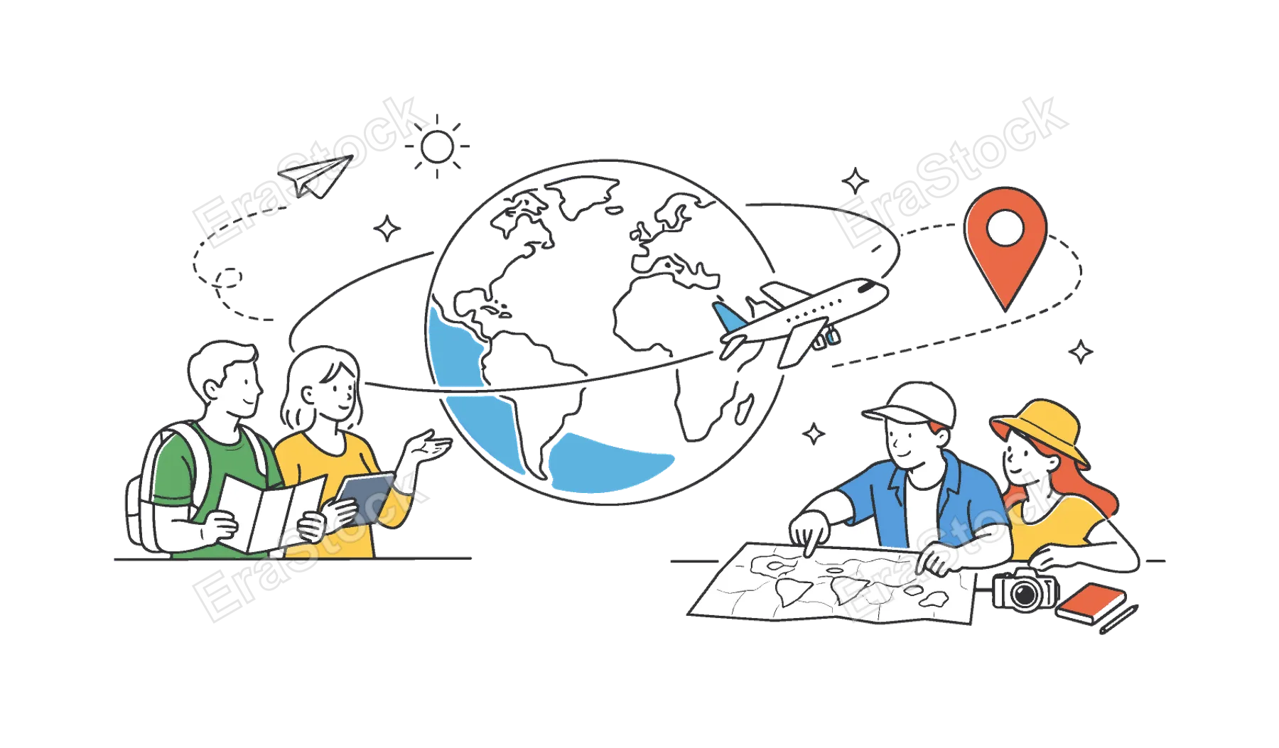 A travel exploration scenario where people plan international adventures and map out flight journeys to distant places around the world, visual metaphor of an airplane moving along