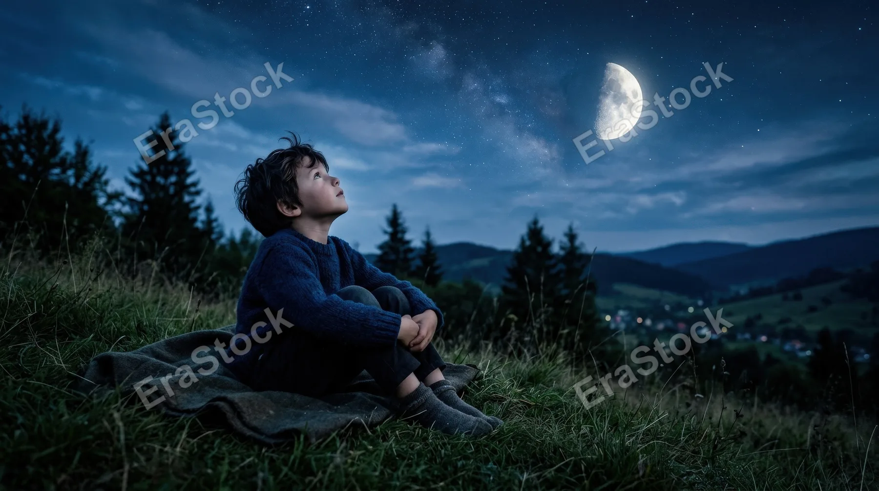 A boy gazing up at the moon, quiet night sky, dreamy blue tones, gentle wonder and childhood imagination, ultra-realistic, no logos.