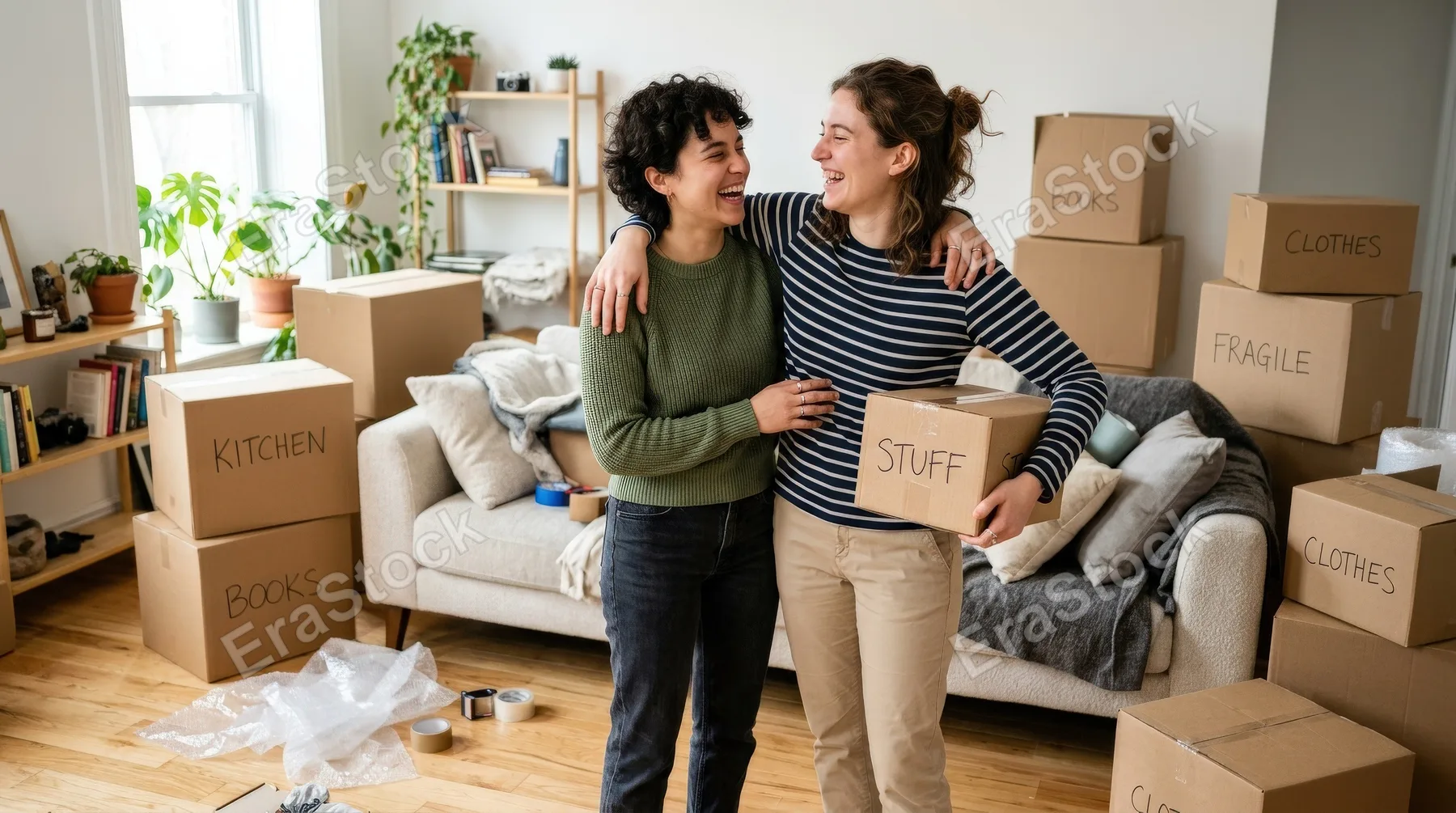 A happy lesbian couple laughing together near a sofa during relocation, moving boxes, bright home interior, affectionate playful mood, ultra-realistic, no logos.
