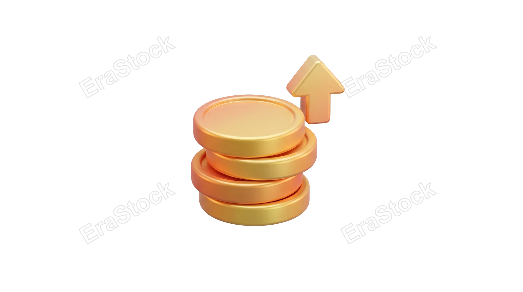 A 3D render of a stack of shiny gold coins with an arrow pointing upwards, representing financial success and investment