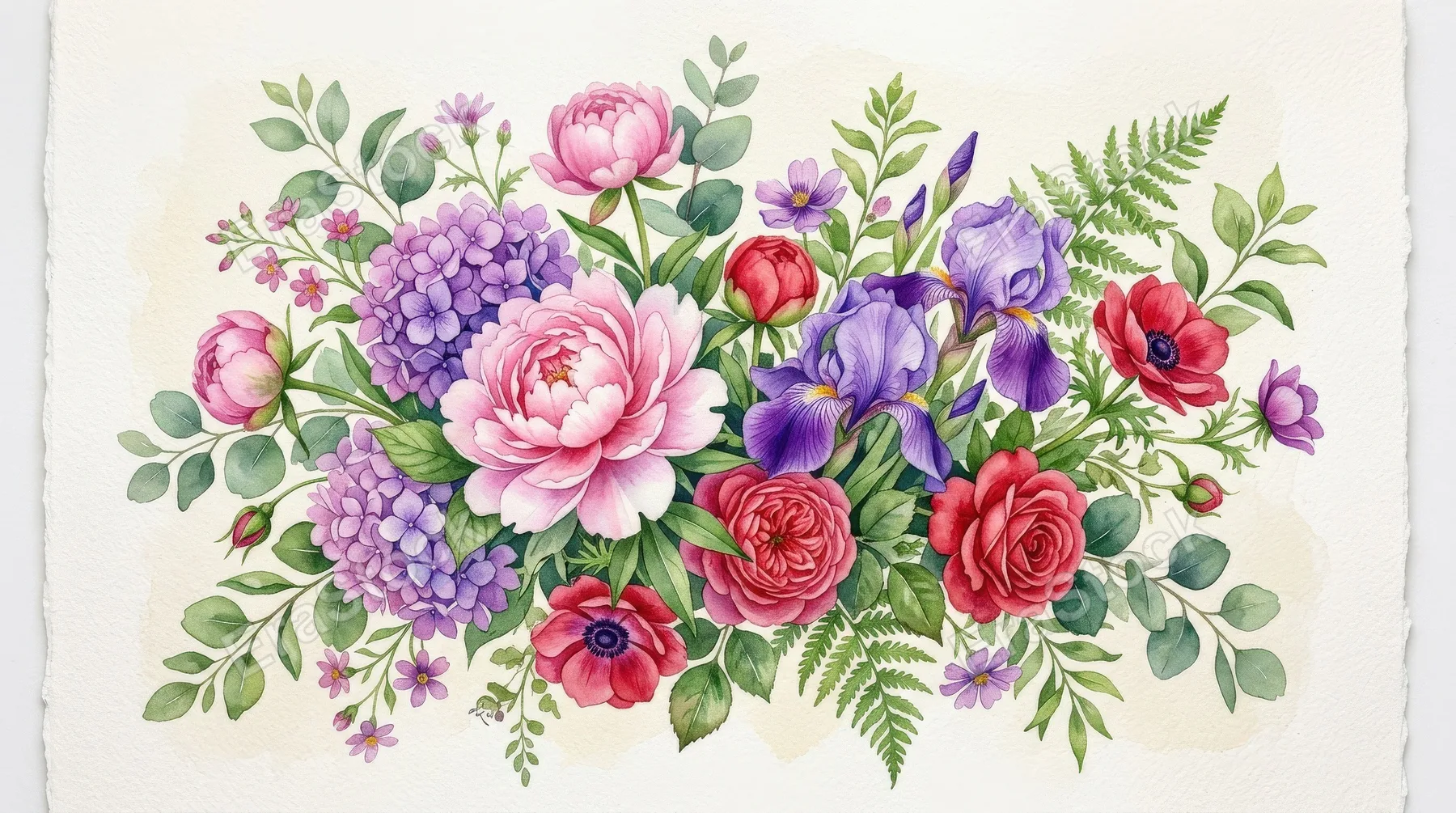 Watercolor floral illustrations with flowers and leaves in pink, purple, red and green, lush blossoms and gentle watercolor gradients, springtime decorative elegance, ultra-realistic, no logos.