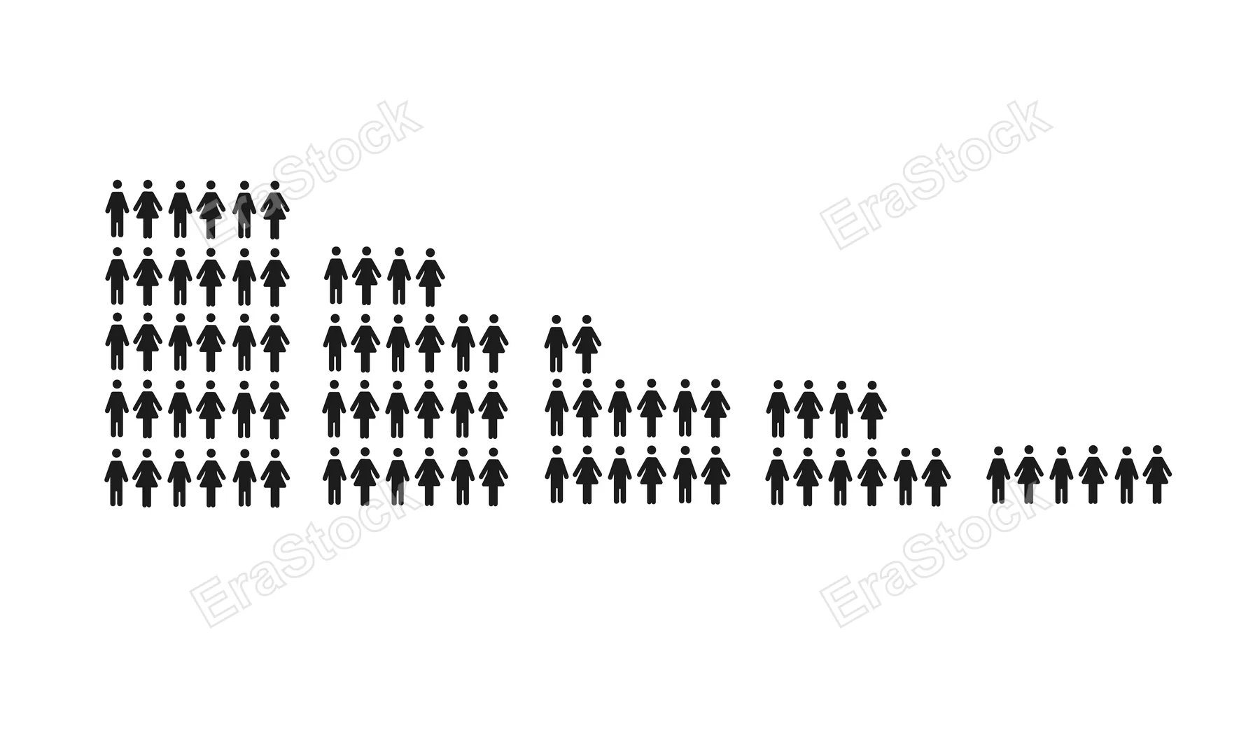 A collection of black stick figure icons representing men and women arranged in a stepped bar chart formation against a clean white backdrop