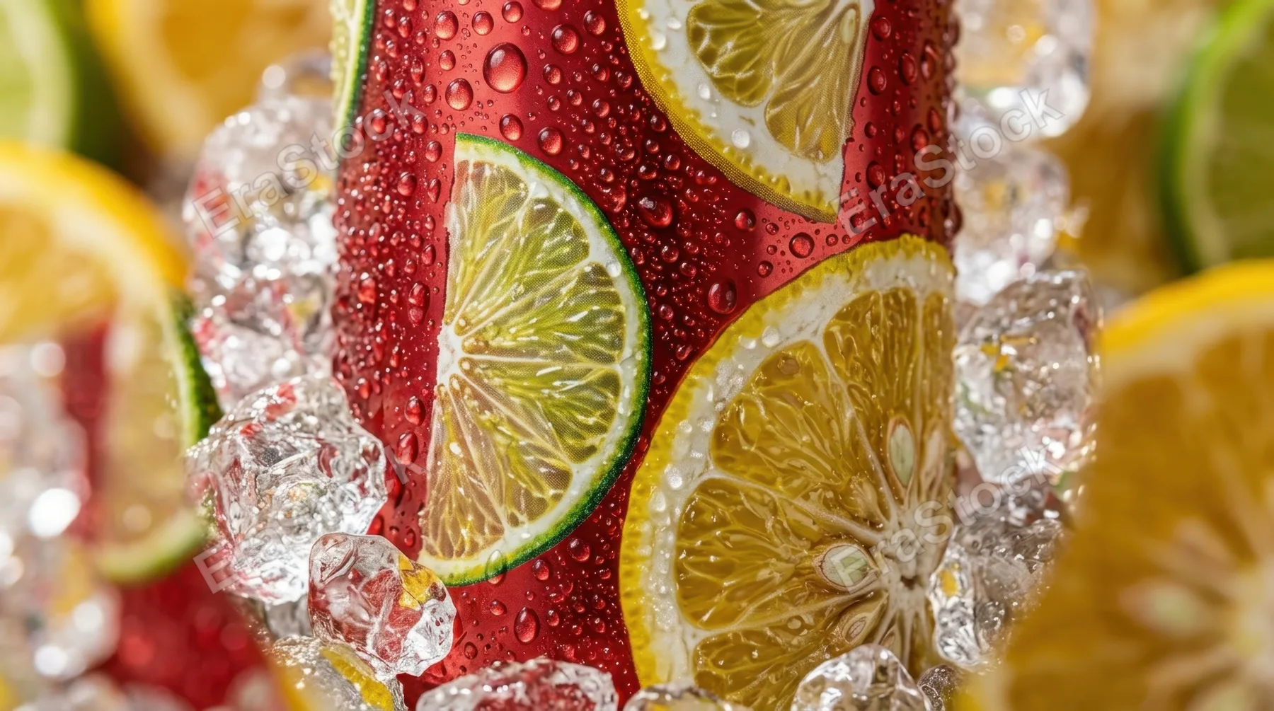an extreme close-up of a blank slim can glistening with condensation, positioned prominently amidst vibrant slices of fresh yuzu and lime. the inviting brightness of the