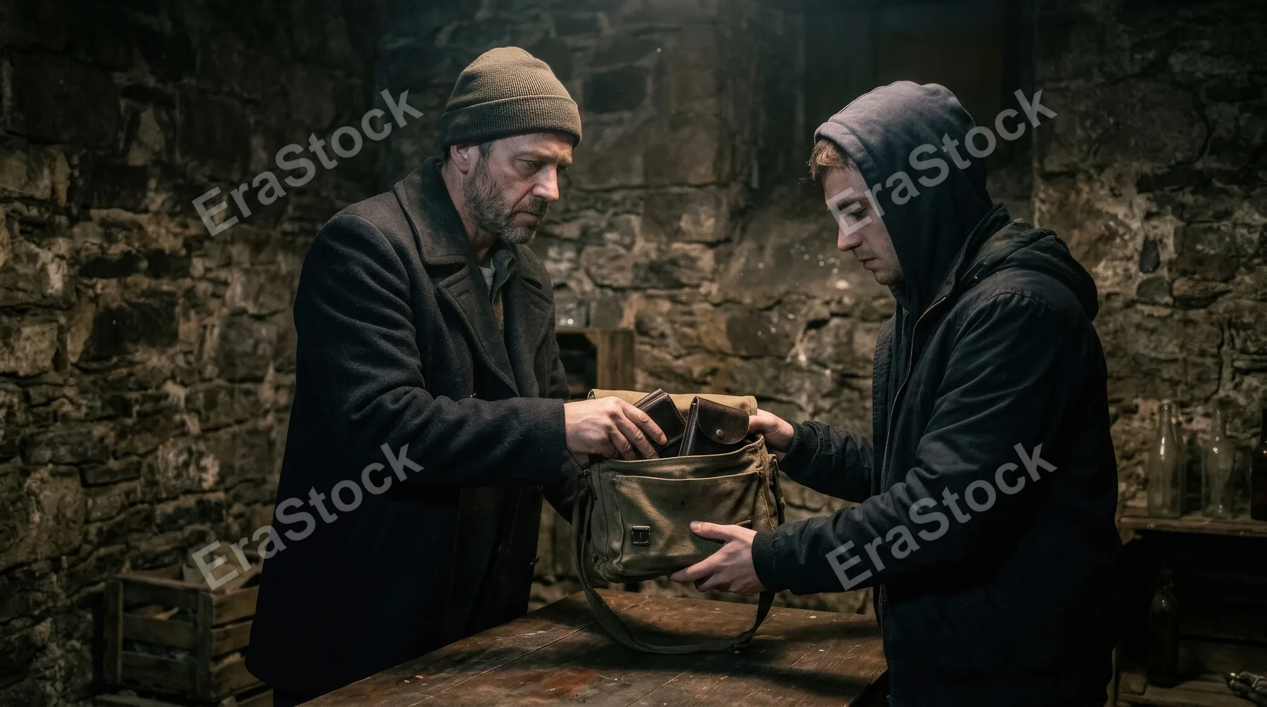 A man giving a bag of money to another in a dimly lit room, rough stone background, moody shadows and a secretive atmosphere of betrayal, ultra-realistic, no logos.