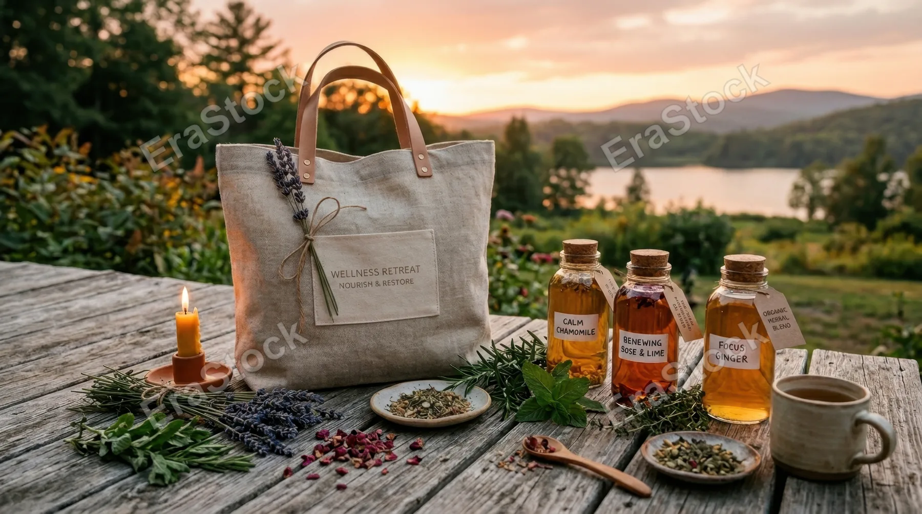 a serene wellness retreat gift bag elegantly positioned on a weathered wooden deck, surrounded by an inviting arrangement of fresh herbs and glass bottles of herbal tea,