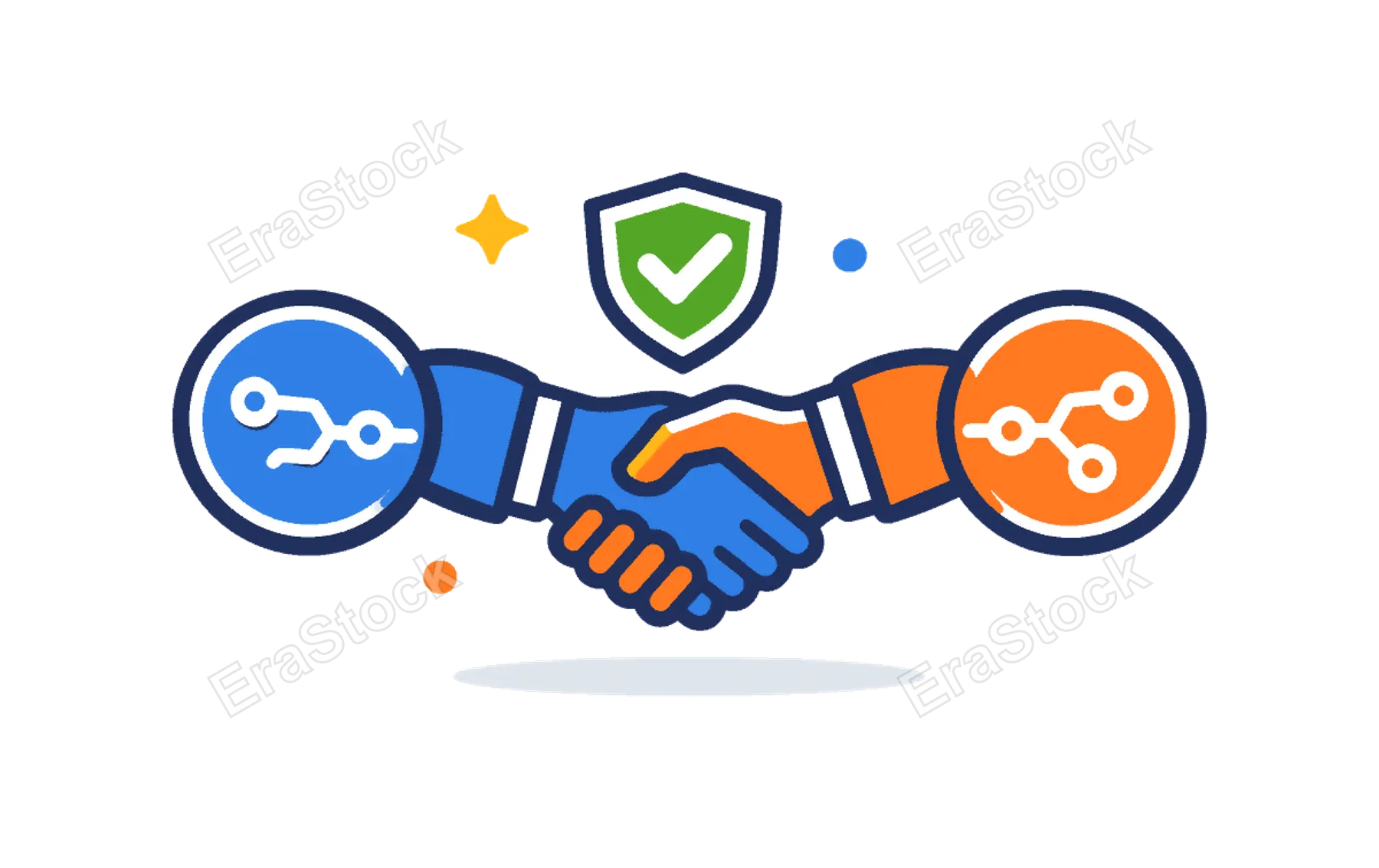 Digital trust handshake and mutual verification between systems focused on establishing secure connections before data exchange in modern platforms, two connected nodes