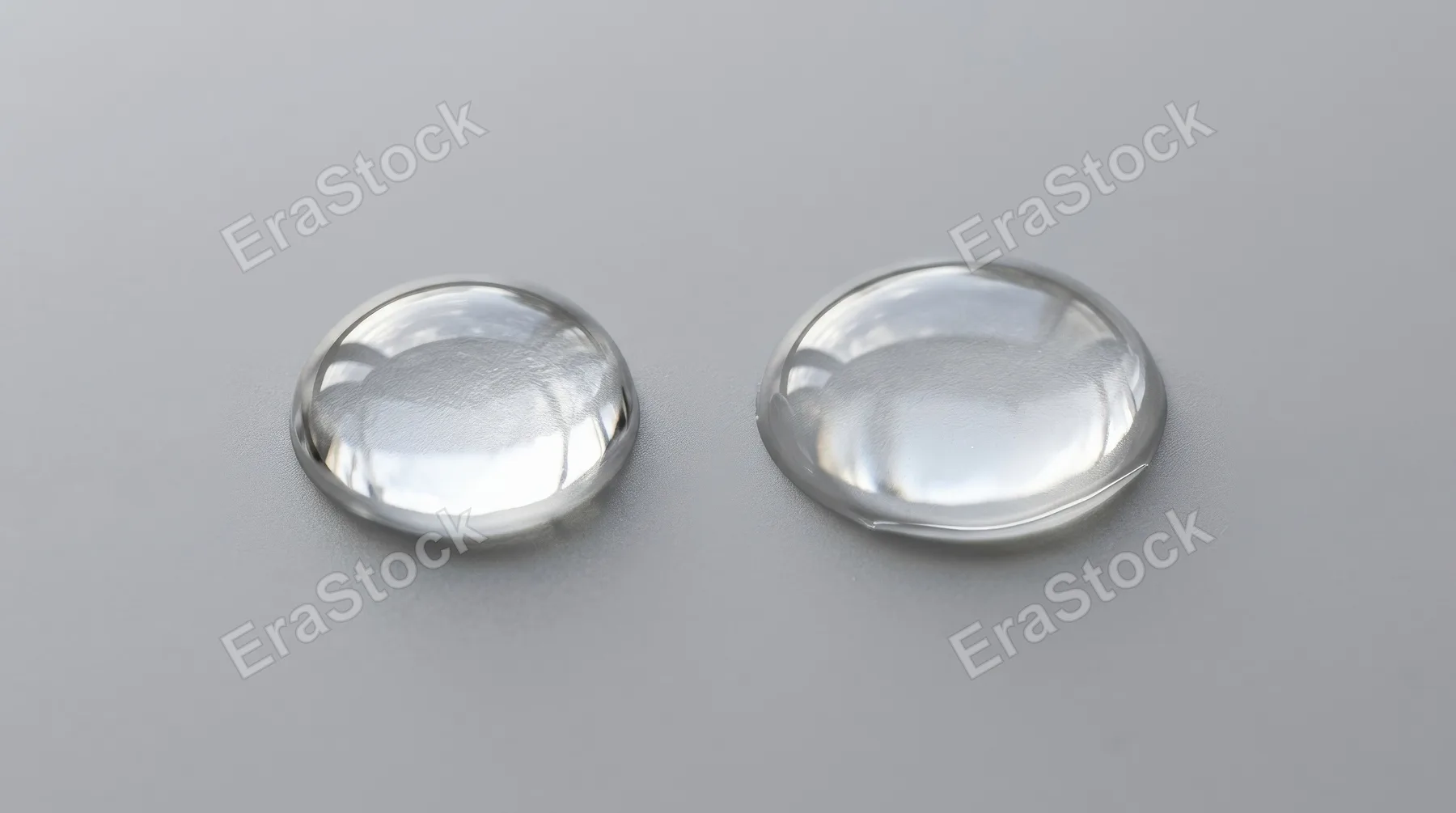 Two transparent micellar water drops isolated on a neutral grey background, crisp cleansing purity and glossy hydration texture, refined dermatology mood, ultra-realistic, no logos.