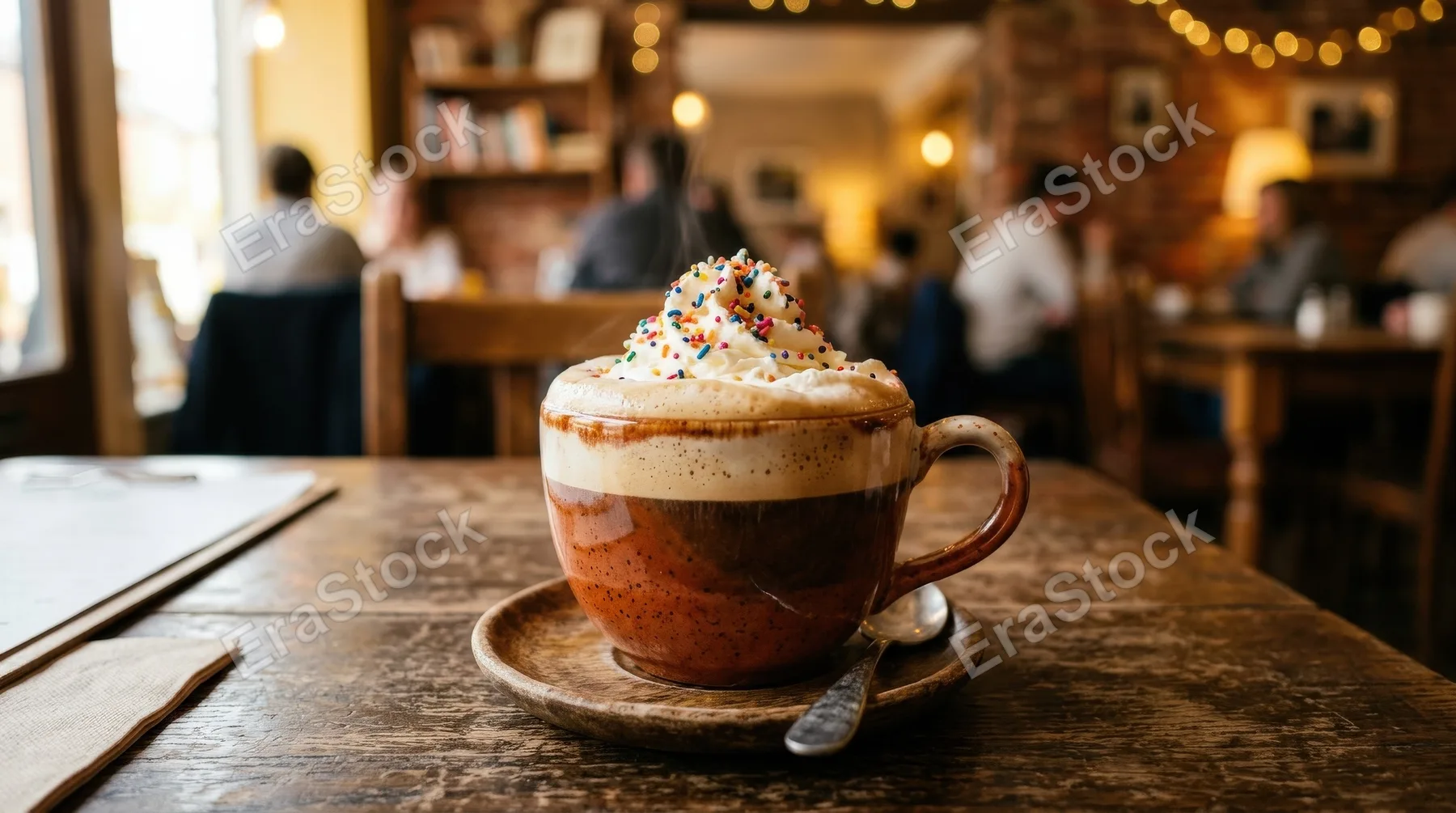 A warm cup of coffee topped with whipped cream and colorful sprinkles, rich foam and glossy ceramic, cozy tabletop scene, soft golden light, comforting cafe atmosphere, ultra-realistic, no logos.