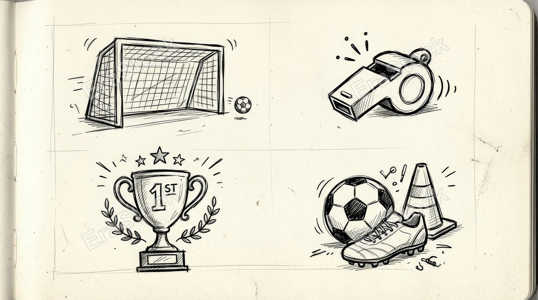 A soccer doodle icon set with football goal, whistle, trophy cup, and sporting equipment in hand-drawn sketch style, playful athletic energy, ultra-realistic, no logos.
