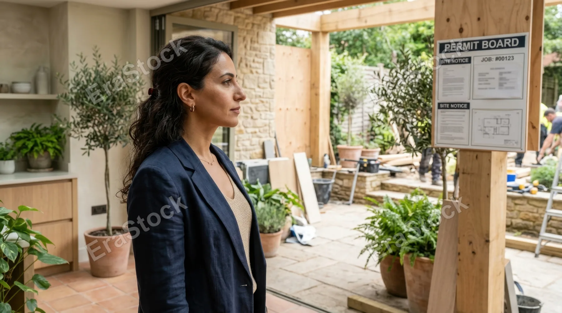 a distinct side profile of the 36-year-old middle-eastern female marketing director as she surveys the kitchen and patio, framed by soft greens and beiges. the angle