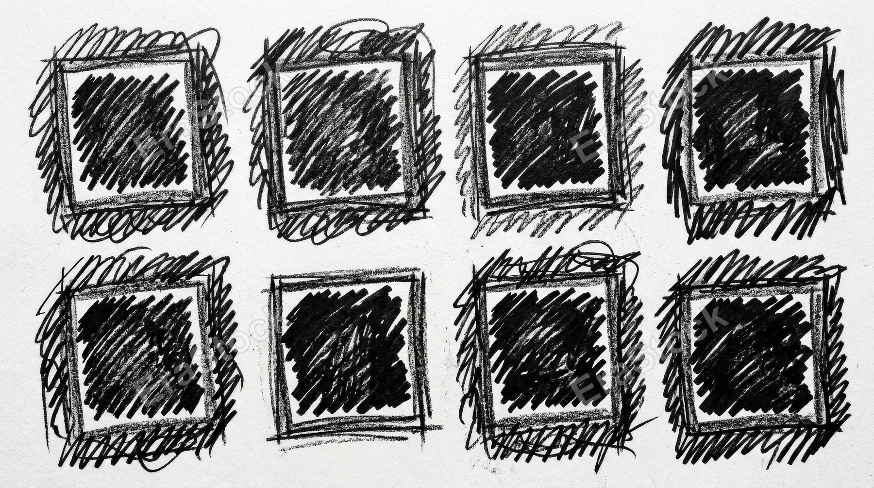 Hand-drawn grunge square highlights with charcoal pen borders and scribbled marker frames, rough expressive emphasis shapes on white, ultra-realistic, no logos.