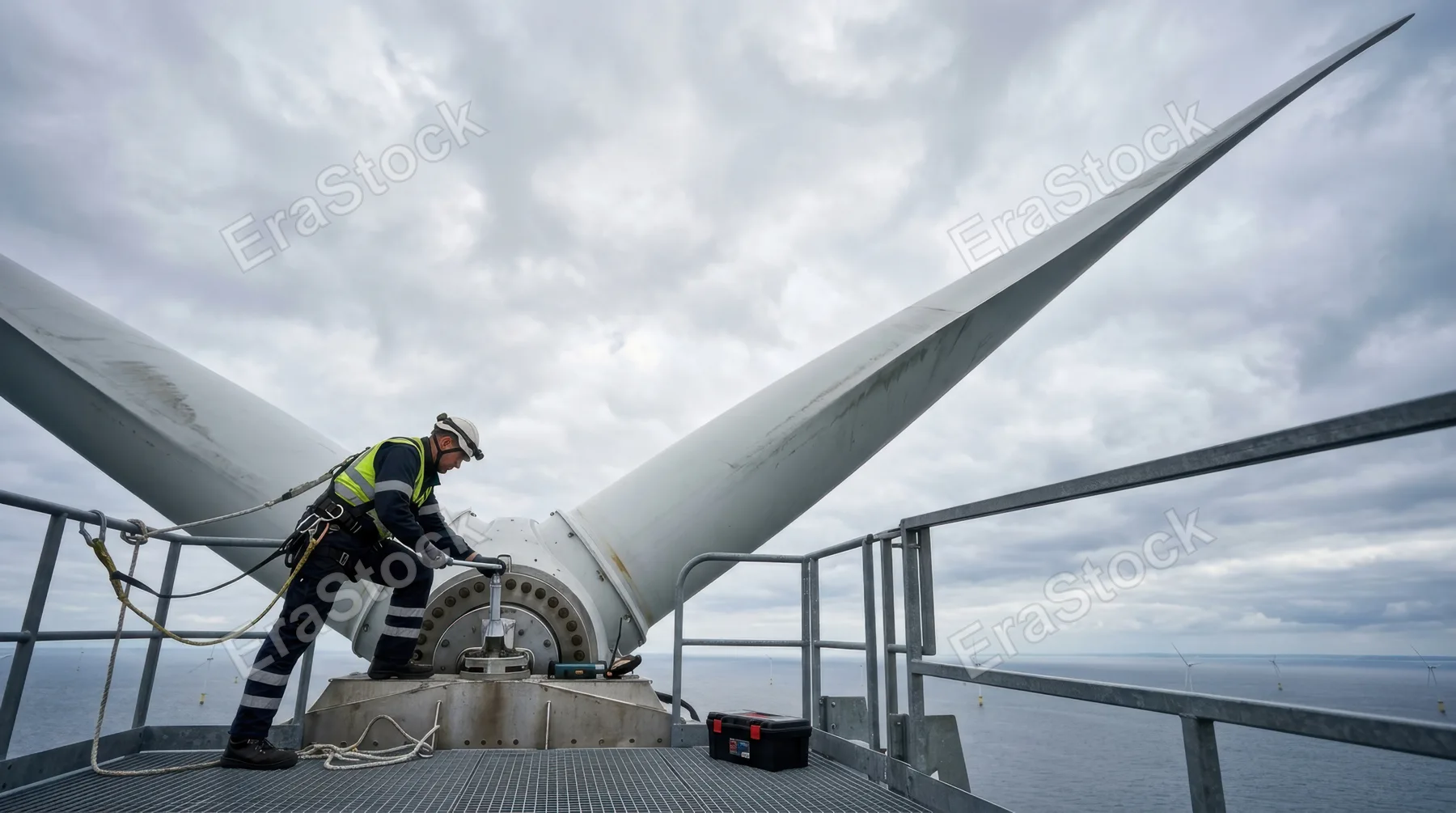 a low-angle view of the wind turbine technician atop the tower, framed against the vastness of the sky, where the turbine blades dominate the composition. the image