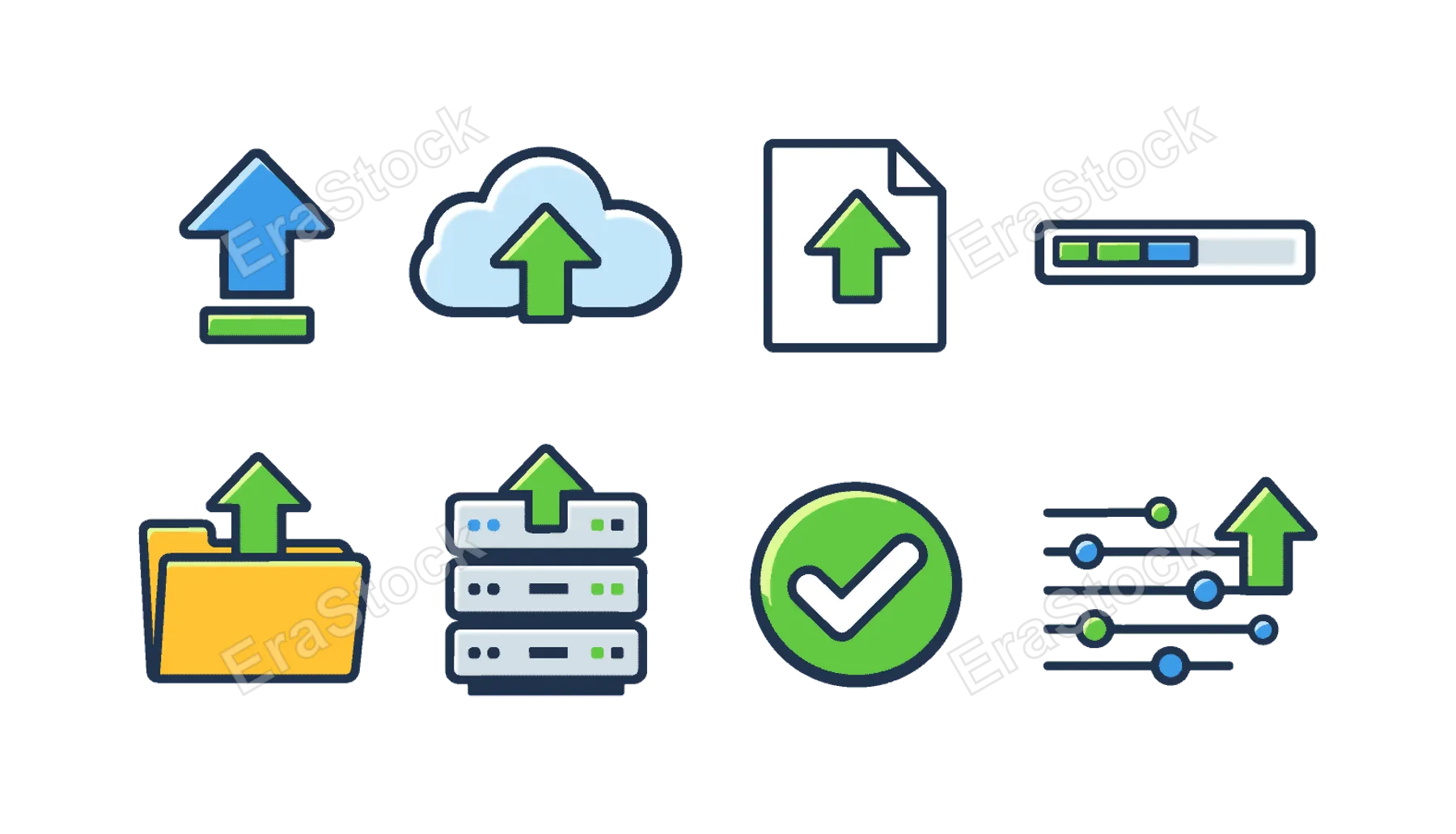 File upload process: upload arrow, cloud with arrow up, file document, progress bar, folder with arrow, server stack, checkmark confirmation, data transfer lines.