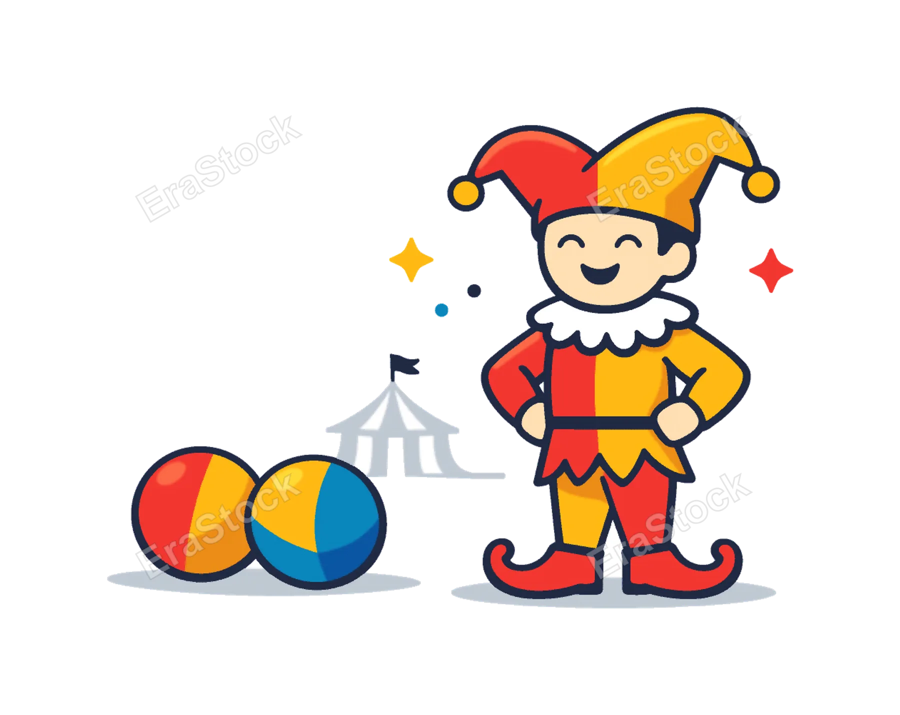 Theatrical entertainment scene inspired by traditional circus culture and expressive stage characters performing for audiences, a costumed jester style performer with a pointed hat