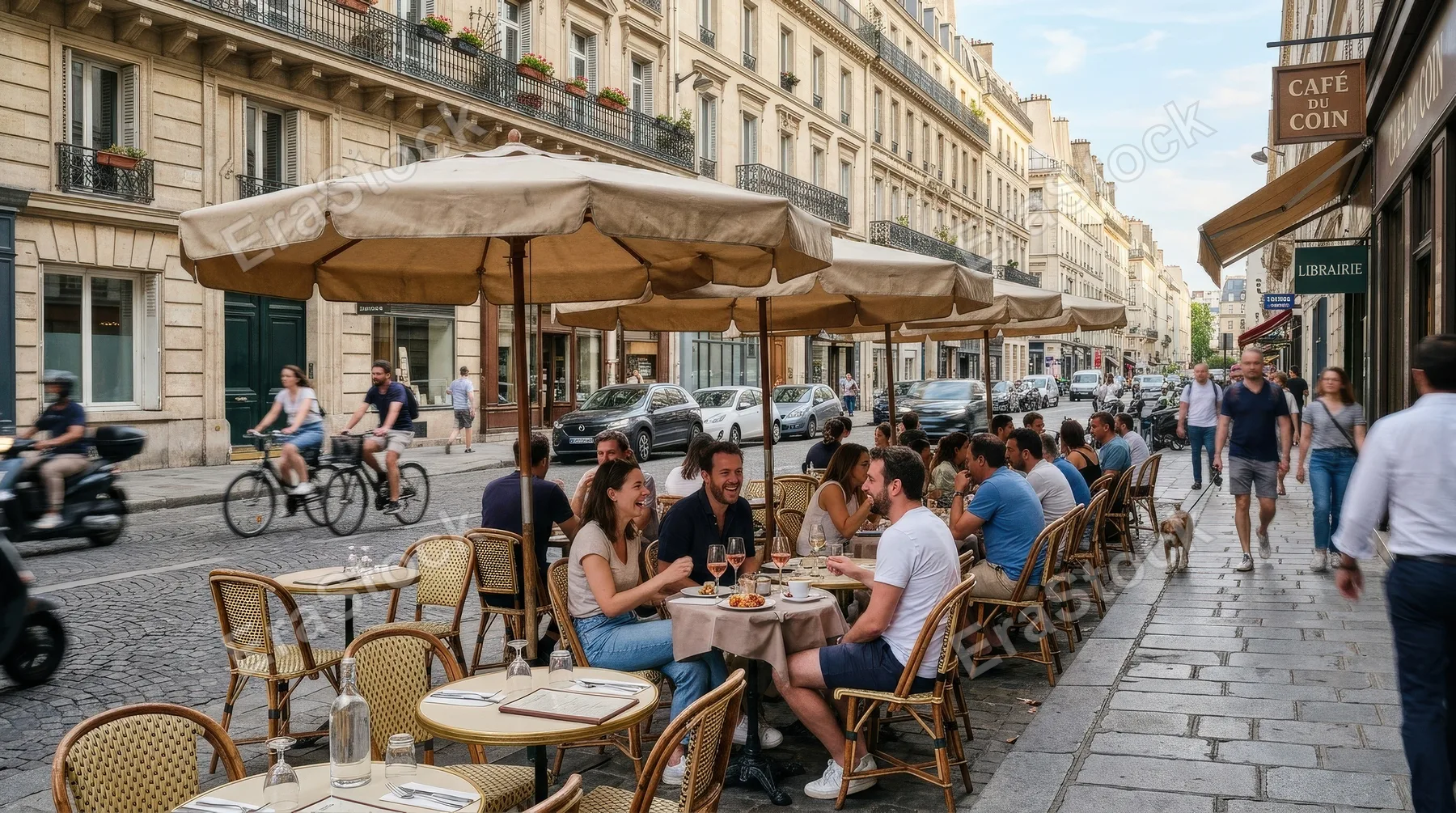 Outdoor café tables and chairs under umbrellas on a sidewalk, soft city rhythm, open-air dining and relaxed street ambiance, ultra-realistic, no logos.
