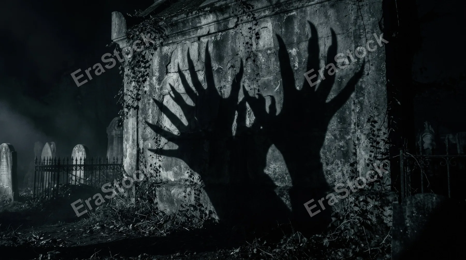 Terrifying shadow hands with long nails rising in silhouette, graveyard-inspired darkness, eerie claw shapes and stark wall projection, chilling Halloween mood, ultra-realistic, no logos.