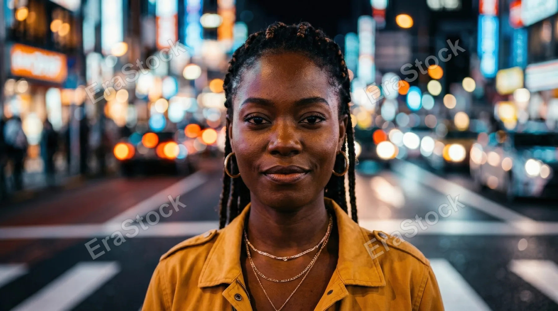 A confident African woman crossing a road in an illuminated night city, close-up portrait with glowing headlights and neon bokeh, stylish expression, cinematic urban atmosphere, ultra-realistic, no