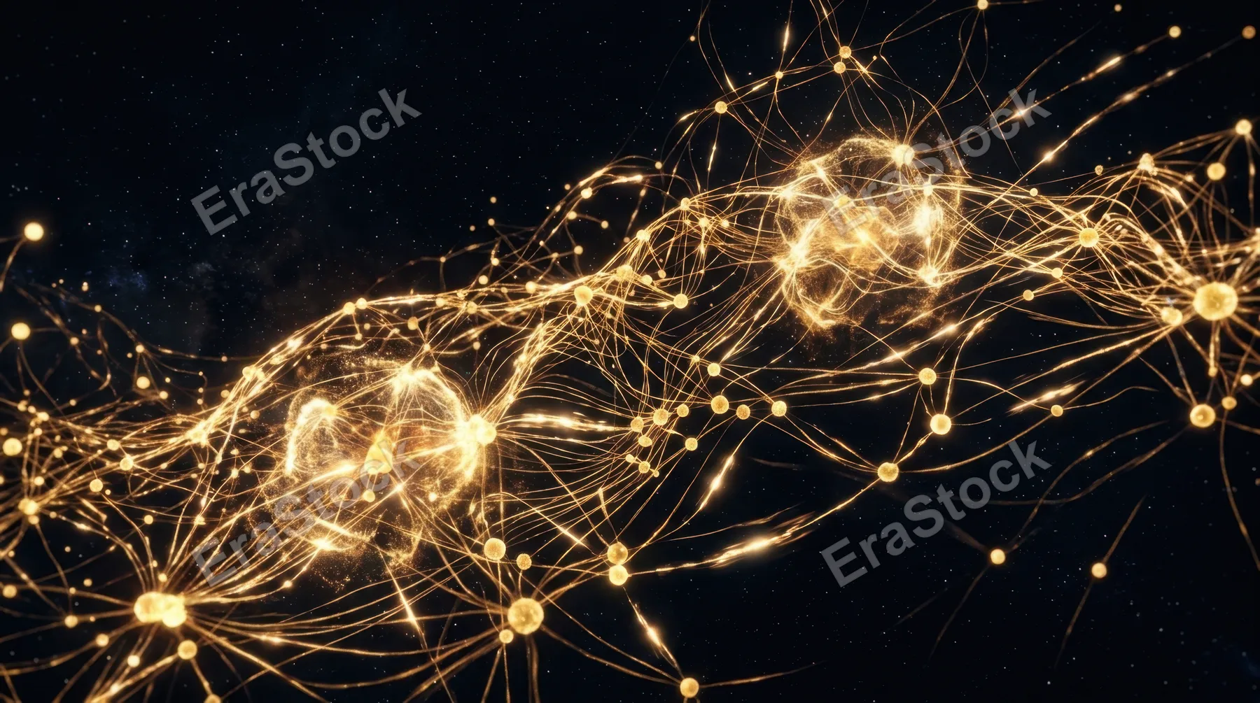 Abstract visualization of artificial intelligence, a luminous neural network rendered as floating golden nodes connected by glowing filaments spreading across a dark