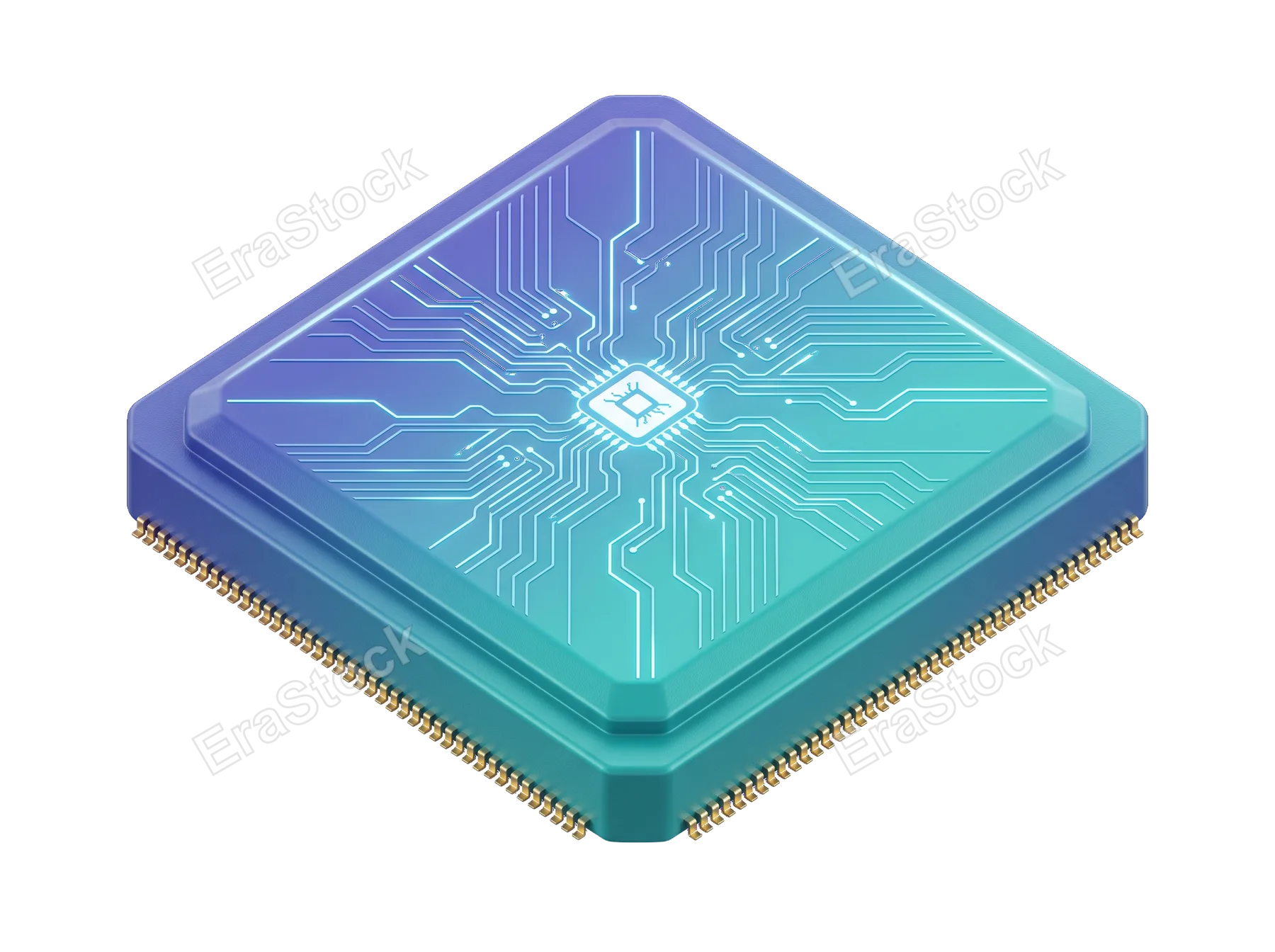 A detailed isometric view of a modern computer processor with intricate luminous pathways and metallic connectors, symbolizing technology