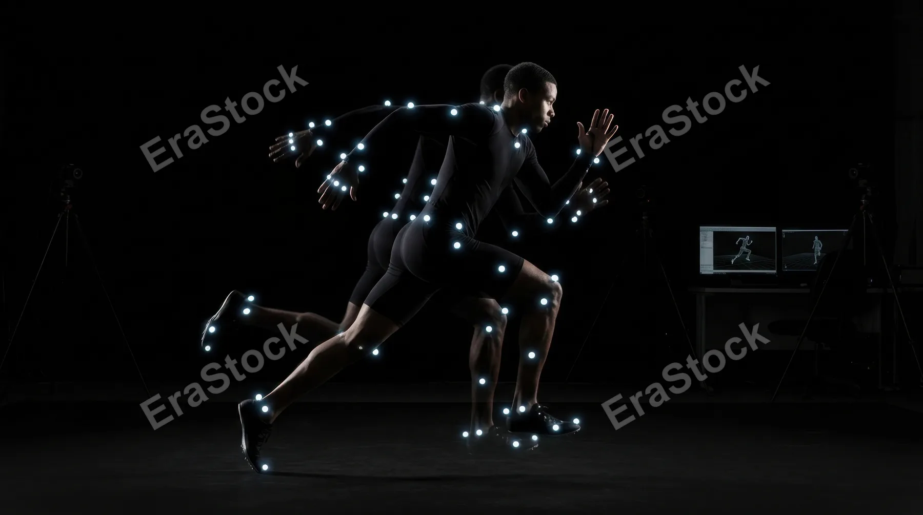A biomechanics laboratory capturing a sprinter mid-stride in a motion capture suit, reflective marker spheres covering every joint glowing white against a matte black