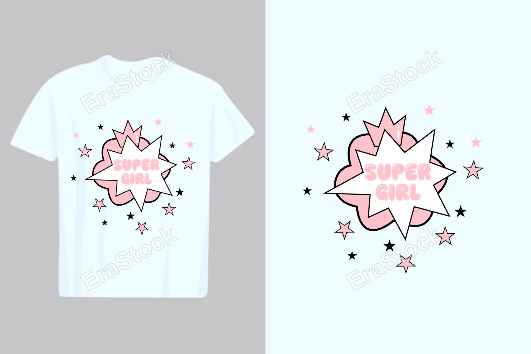 A white t-shirt featuring a pink and white comic book explosion graphic with the text Super Girl and surrounding stars