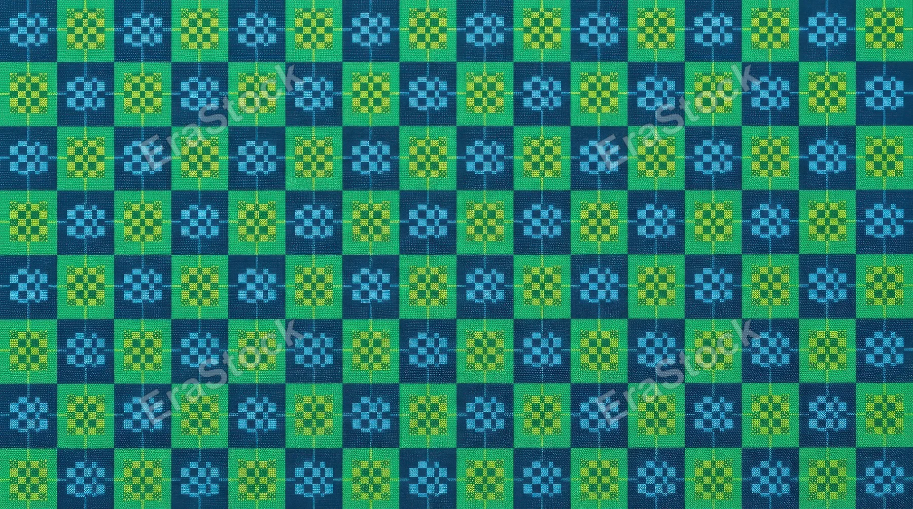 A geometric seamless pattern in blue and green checkered blocks, crisp rhythmic repetition with cool modern retro balance, ultra-realistic, no logos.