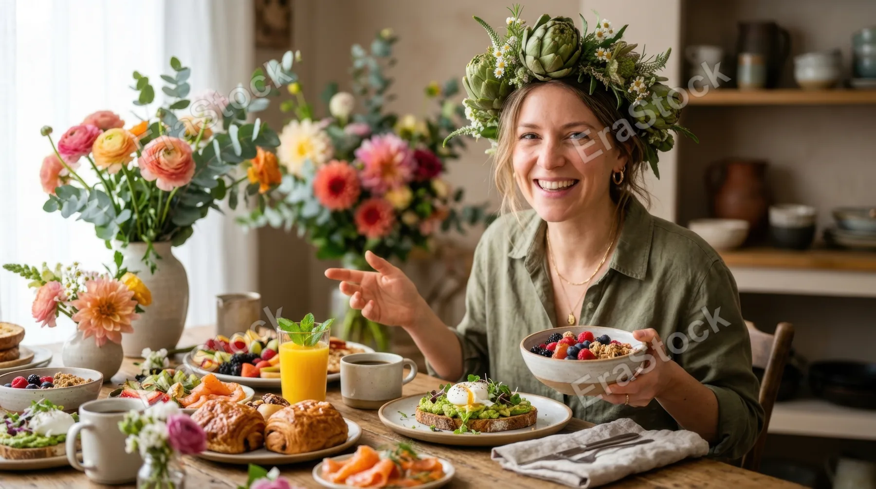 a close-up of the 34-year-old white female food stylist playfully presenting a beautifully arranged brunch spread, with her artichoke head subtly adding to the