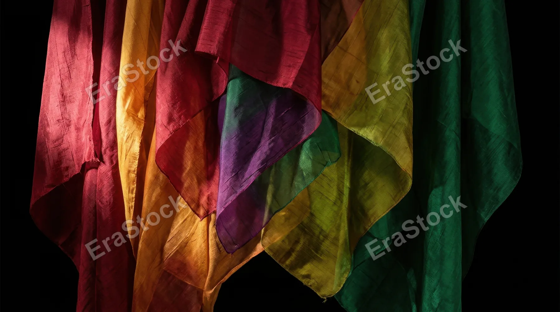 Abstract composition of layered translucent silk fabric panels in deep jewel tones, crimson, amber and emerald layers overlapping and creating complex secondary colors